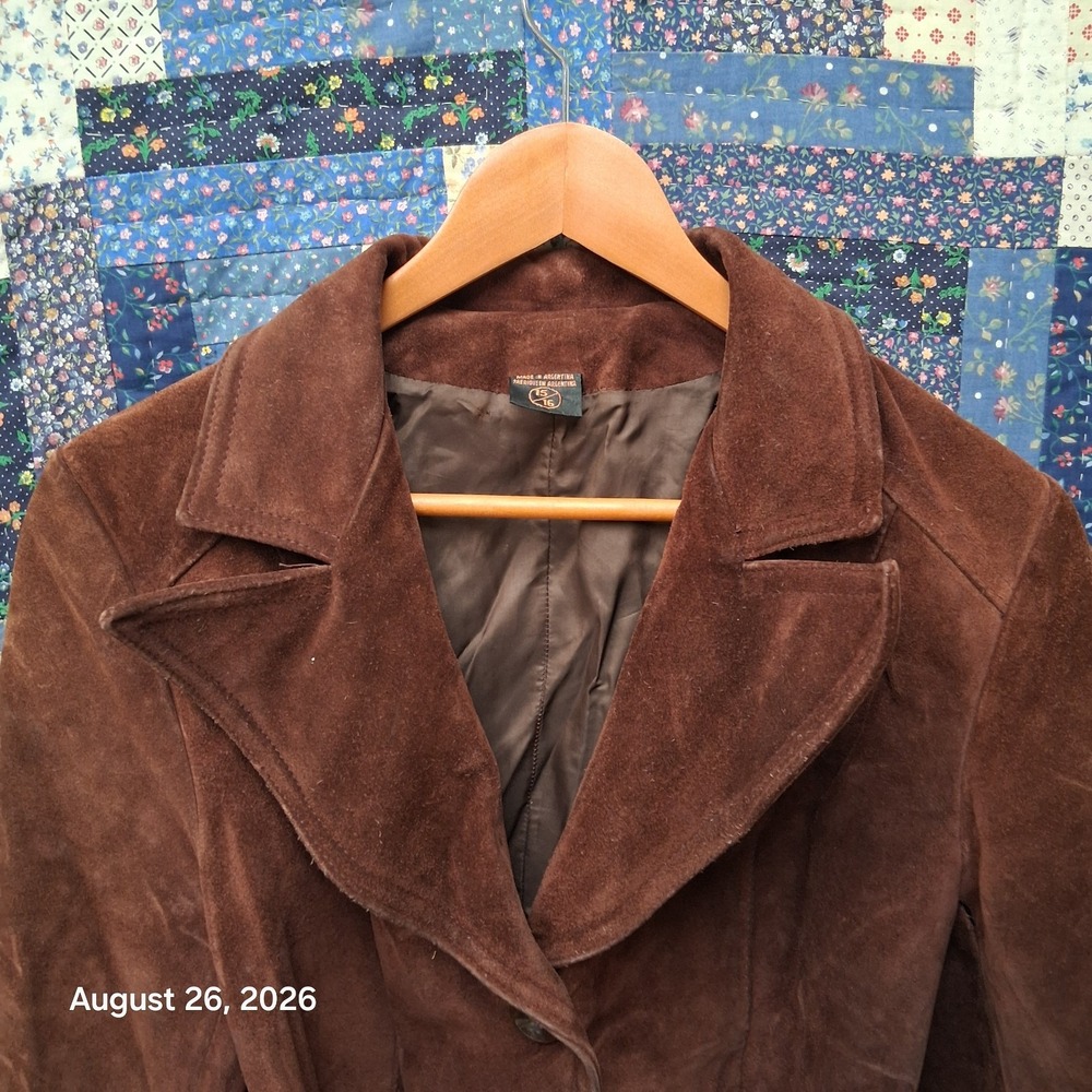 * Vintage 70s Brown Suede Leather Belted Jacket Coat Womens Small Boho Argentina - Picture 5 of 10